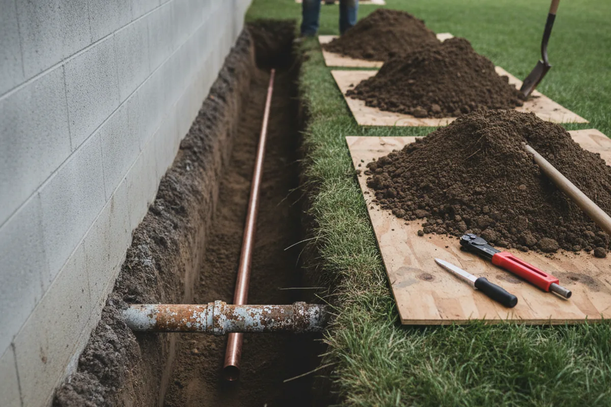 Excavated water line trench during Water Heater Repair in Saint Bernard